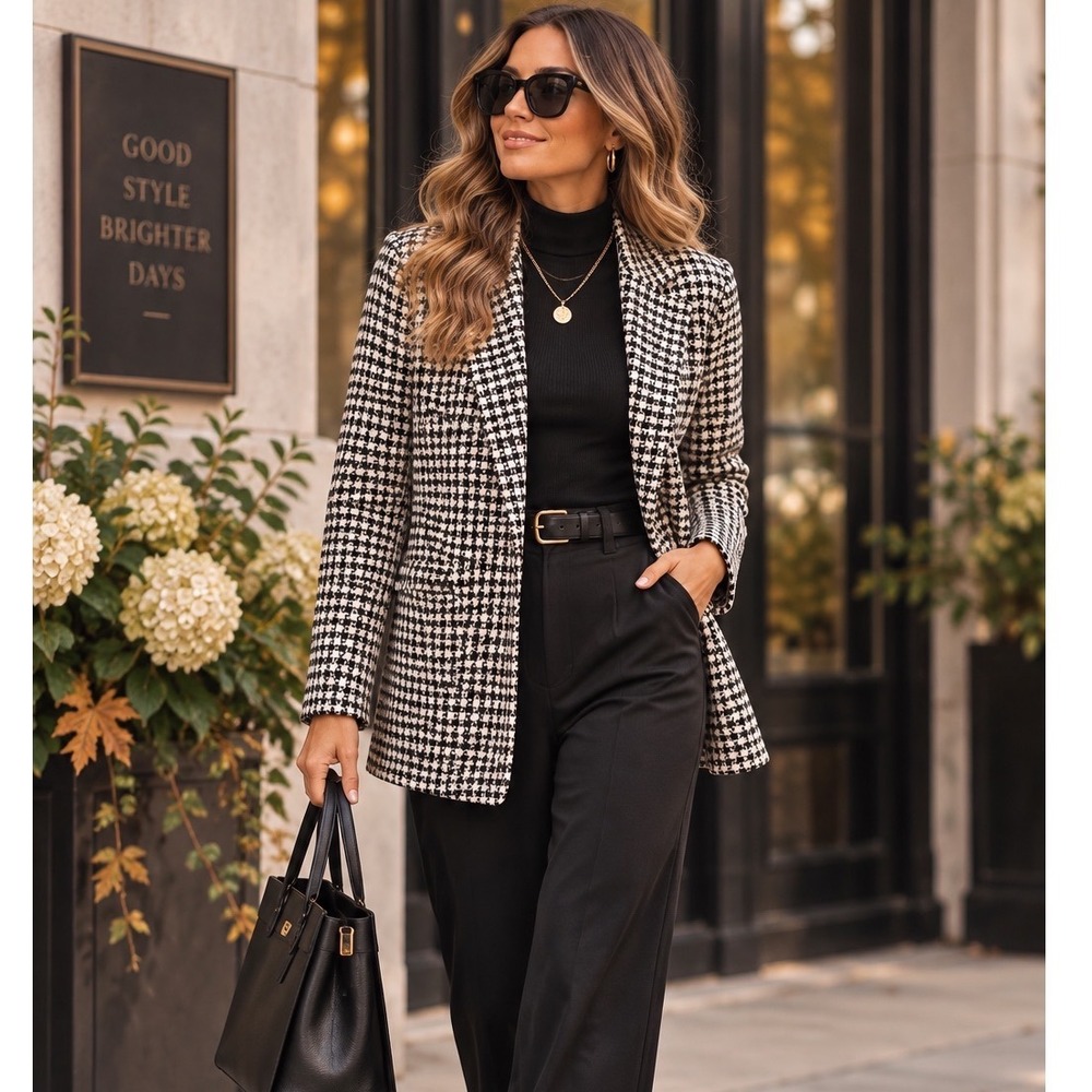 Chic Parisian Houndstooth Blazer Cardigan Jacket Dark Academia Quiet Luxury Sz L